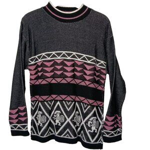 JC & Lewis Aztec Warrior M Sweater Women Black Pink Geometric Retro Vintage 80s